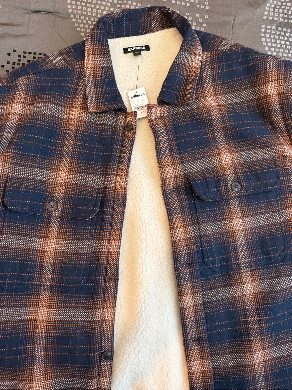 Express Cream Sherpa-Lined Jacket with Navy & Brown Trim